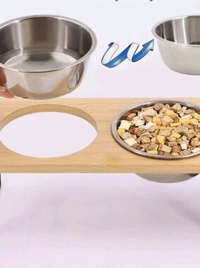 Adjustable Raised Pet Feeder with Stainless Steel Bowls - Silver & Natural Wood